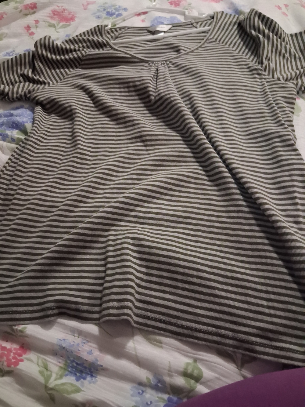 CJ Banks Olive Green and Cream Striped Short Sleeve Tee